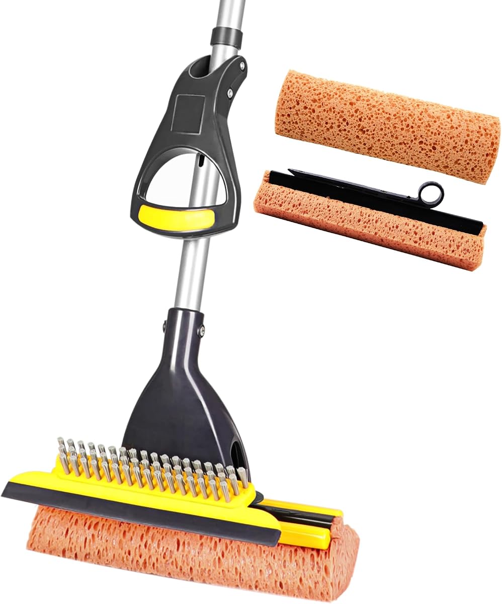Fregona de esponja para uso comercial en el hogar, suelo de baldosas, baño, limpieza de garaje | Total de 2 cabezales de esponja, NO 3 escobilla de goma con mango telescópico de 42,5 a 52 pulgadas, se seca fácilmente y escurre solo 2 cabezales.