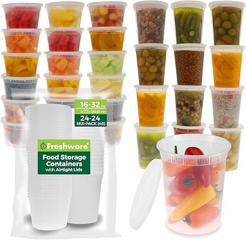 Freshware Paquete de 48 recipientes de almacenamiento de alimentos de 16 y 32 onzas, 24 juegos de cada tamaño con tapas, recipientes de plástico