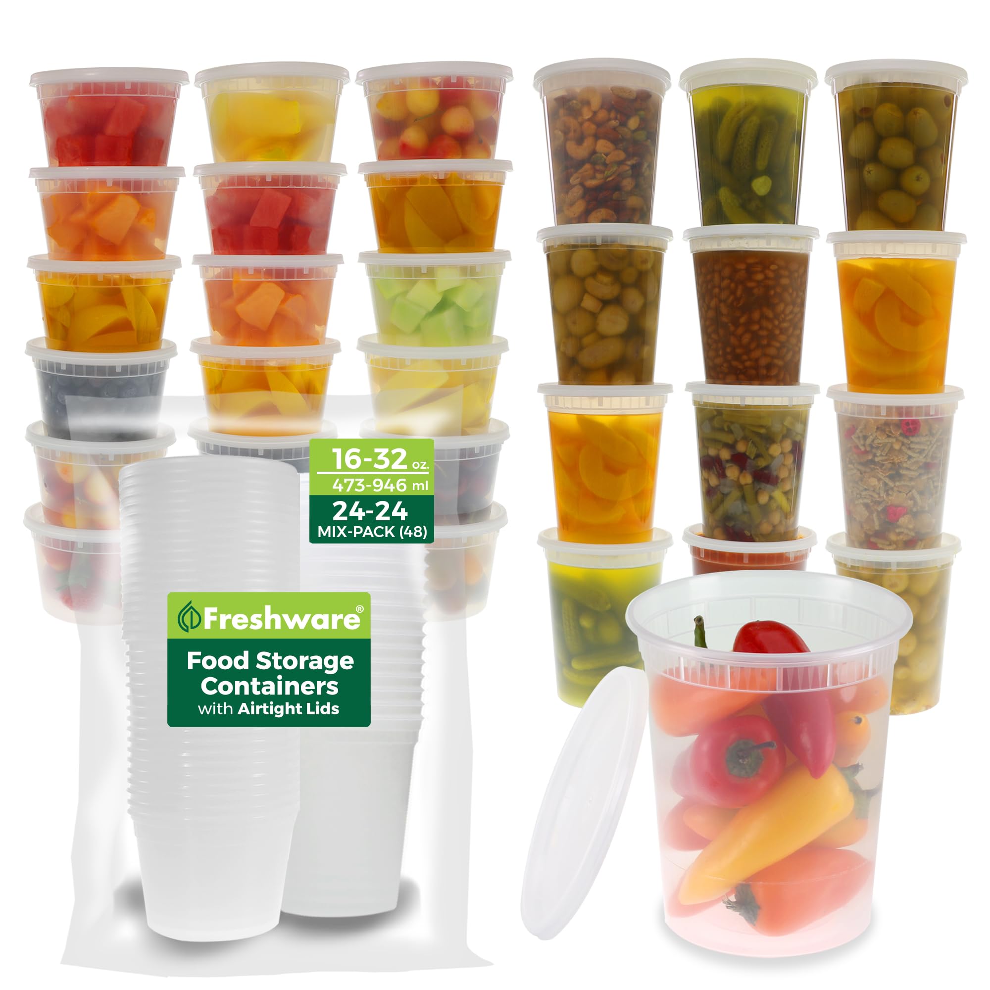 Freshware [48 Pack 16, 32 oz, 24 sets each size Food Storage Containers with Lids, Plastic Deli Containers, Meal Prep Containers, Microwave and Freezer Safe, Stackable, Leakproof, BPA Free, Clear