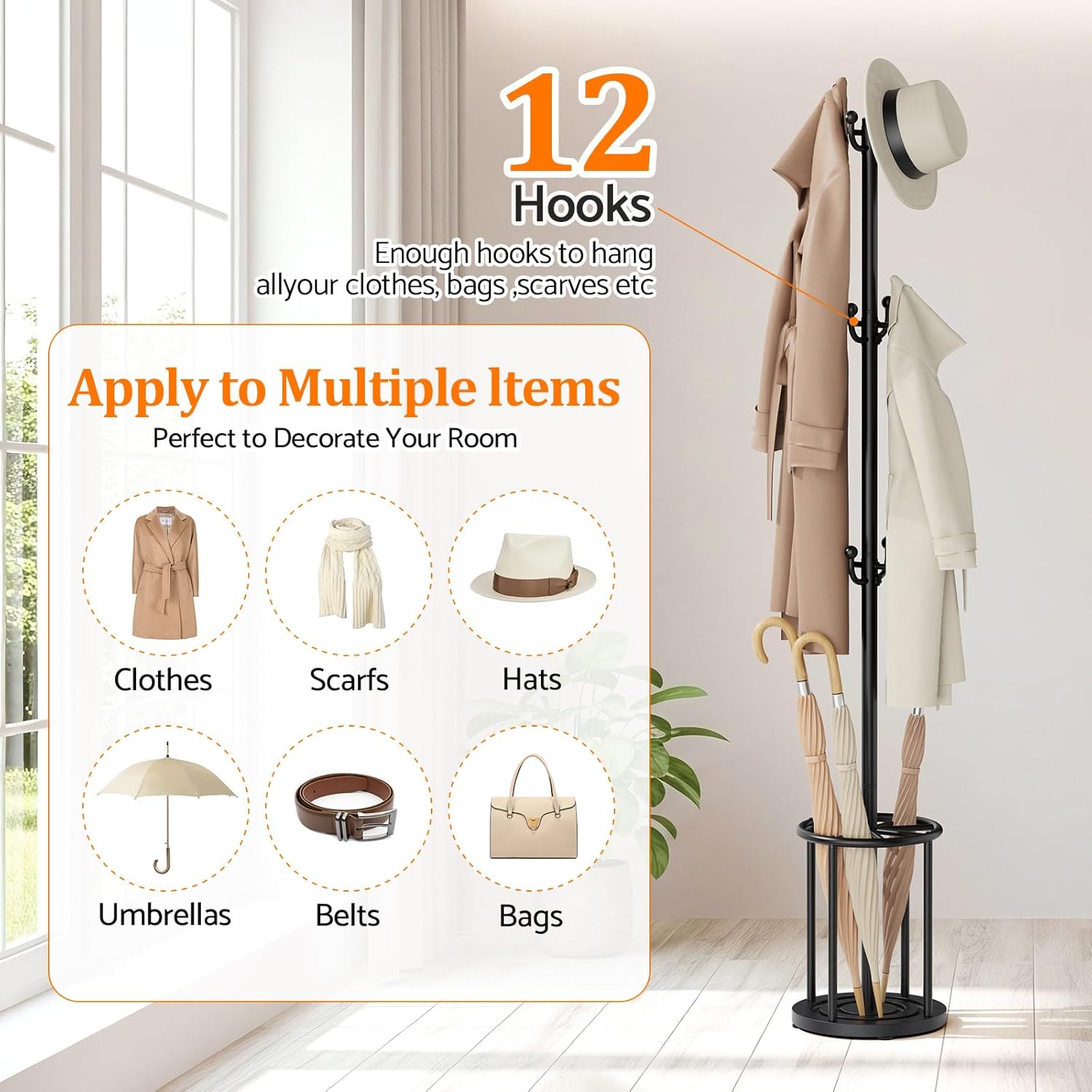 Coat Rack Freestanding, Hat Rack Hall Tree Coat Hanger Umbrella Stand for Entryway, Black Coat Rack with Umbrella Holder, Tree Stand Corner Hall Tree Rack for Hat, Umbrella, Purse, Bag, Clothes