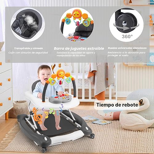 Miniatura 4 de Andador de bebé, 5 en 1 para niños y niñas de 6 a 12 meses con gorila, reposapiés extraíble, bandeja de alimentación y música, caminador