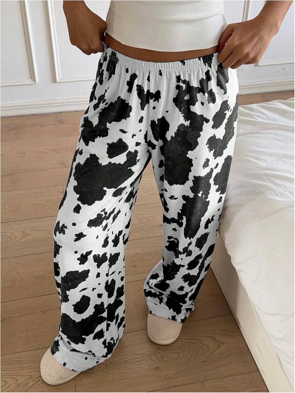Women's High Waisted Wide Leg Pants Casual Cow Graphic Baggy Pajama Pants Trousers - Image 4