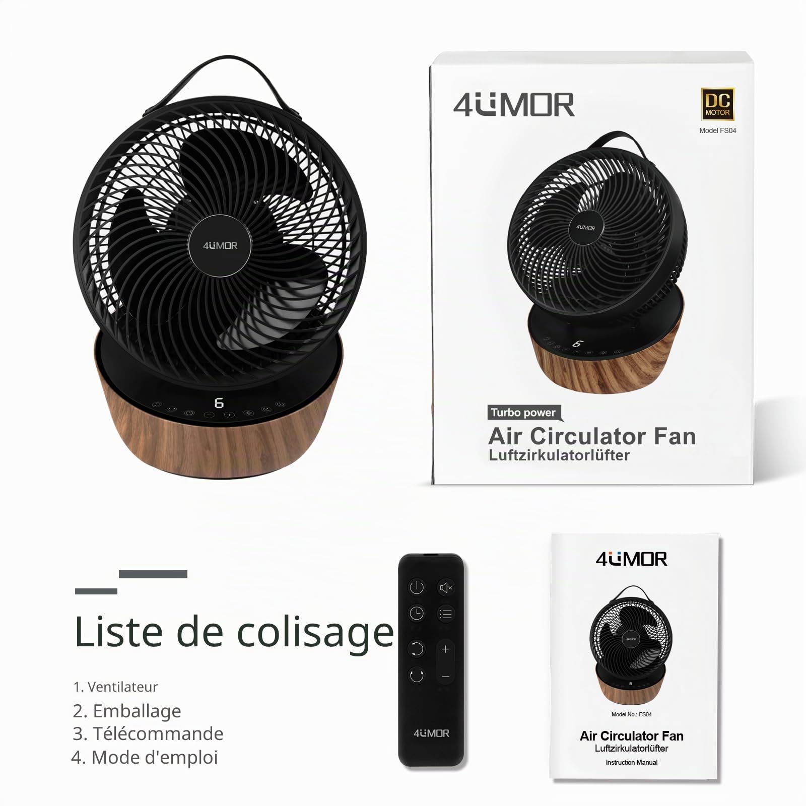 4UMOR Ventilateur Ultra Silencieux 20dB avec Télécommande 1823m³/h Moteur DC 12 Vitesses 8h Minuterie 3D Oscillation Turbo Ventilateur de Table Circulateur d’Air pour Bureau Chambre, Noir