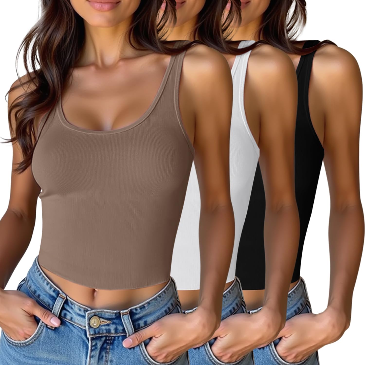 3 Pack Women's Crop Tank Top Cotton Basic Scoop Neck Cute Tops, Casual Summer Cropped Shirts for Women
