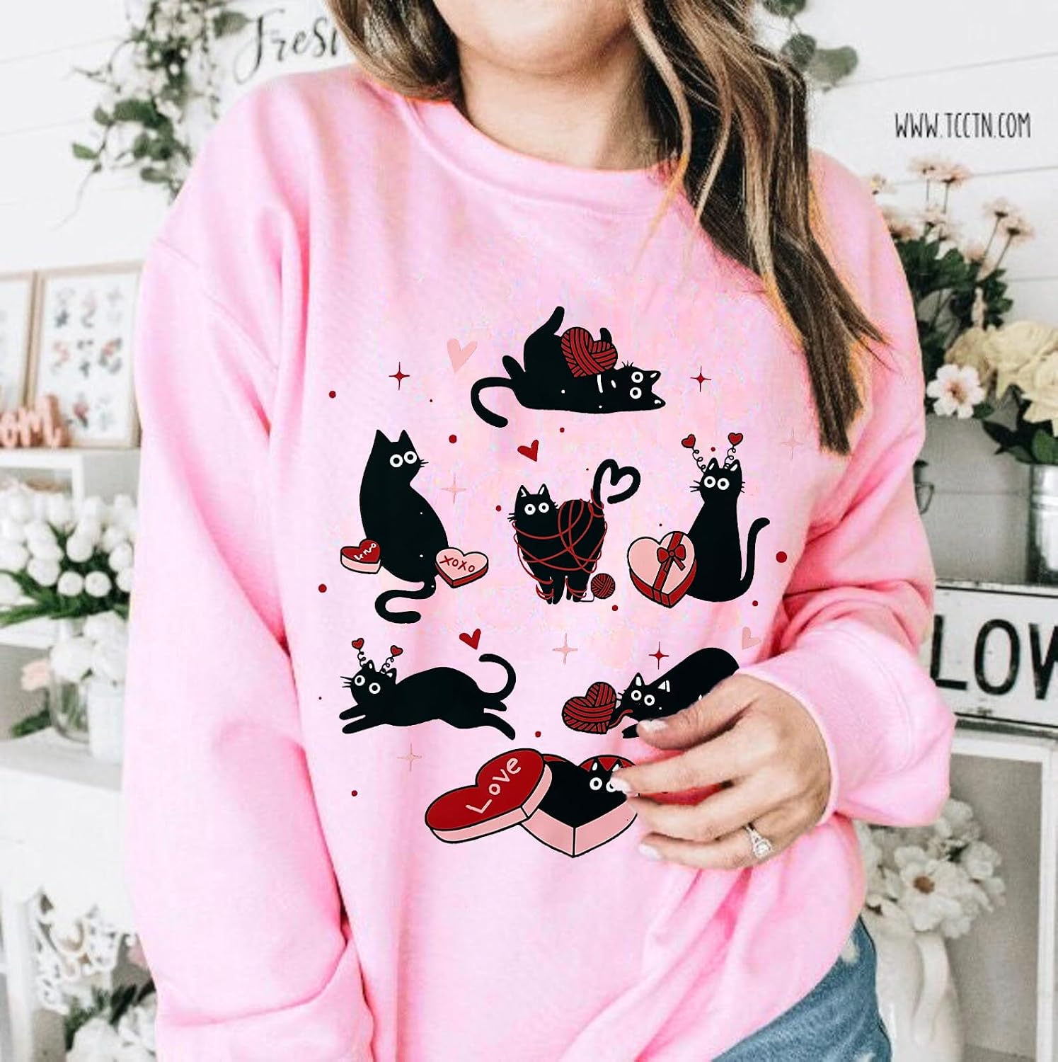 Meowy Valentines Sweatshirt for Women Cute Black Cat Love Long Sleeve Shirt image 4