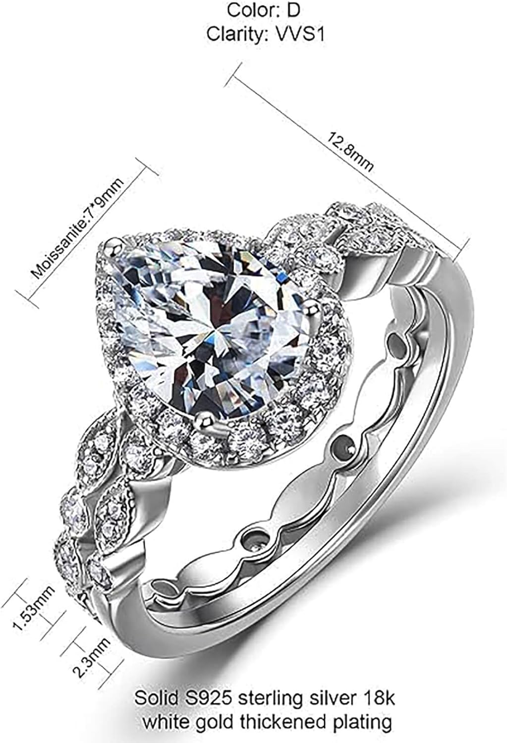WES 2ct Pear Moissanite Bridal Ring Set - 925 Sterling Silver Hypoallergenic D Color VVS1 Stackable Moissanite Engagement Wedding Ring Promise Rings for Women, Size 4-11