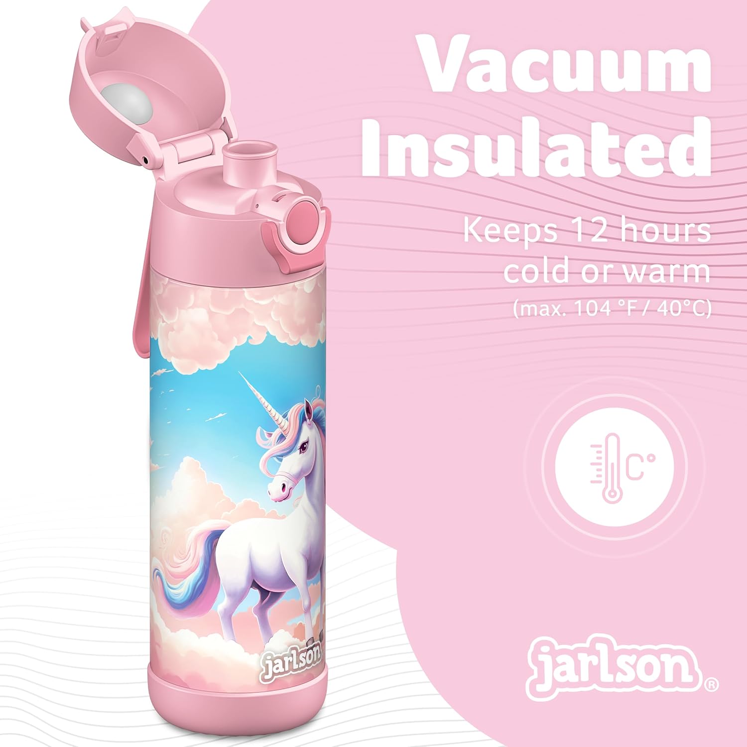 Jarlson® Kids Water Bottle MALI [18OZ] - No Straw Stainless Steel Thermo Bottle - Insulated Waterbottle Leak Proof for School & Sports - Thermo Tumbler for Boys & Girls (Unicorn)