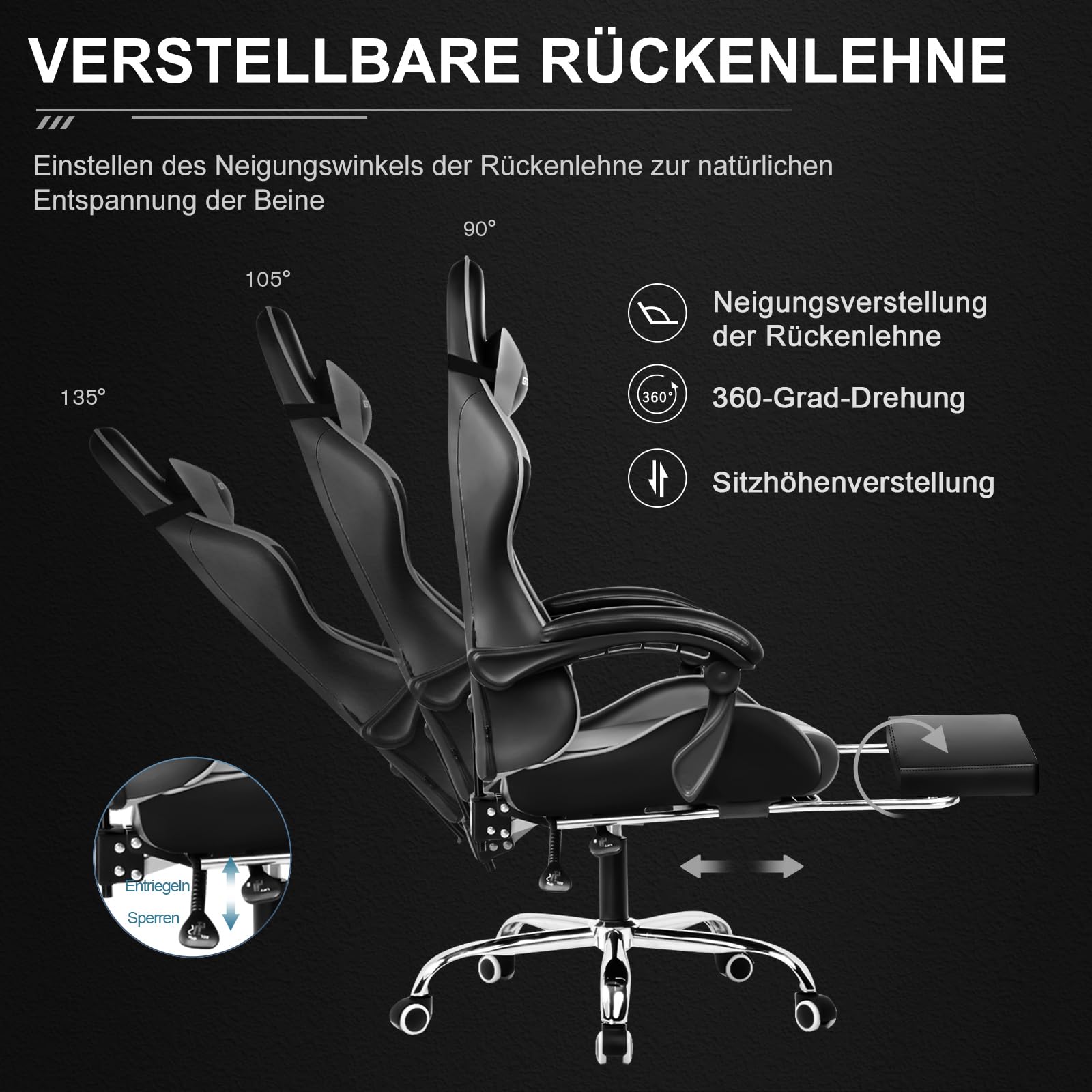 GTPLAYER Gaming Chair Gamingstoel Game Stoel Bureaustoel Gamer Ergonomische Stoel Met Voetsteun Hoofdsteun En Lendenkussen In Hoogte Verstelbaar Ergonomisch 90 135 Kantelhoek Tot 135 Kg Draa