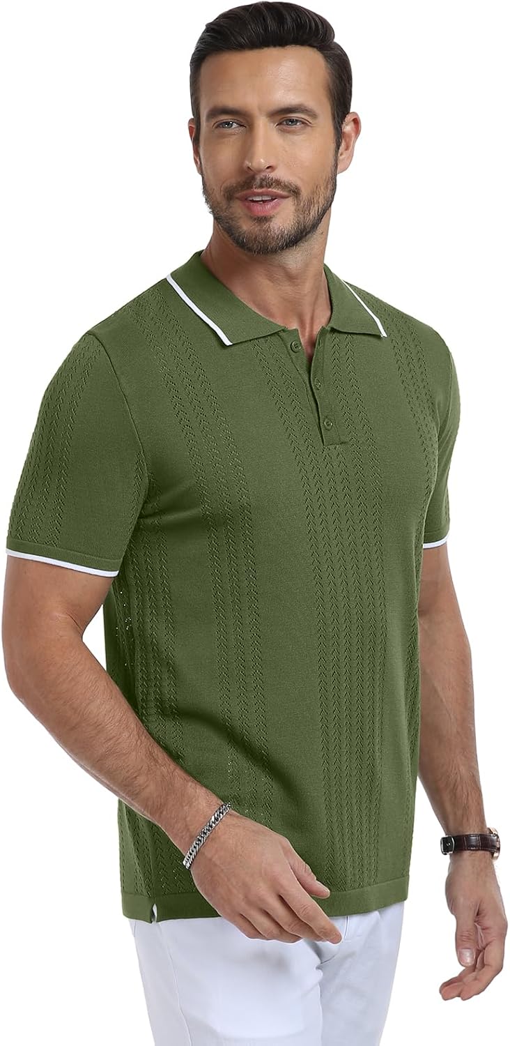 KUYIGO Men's Knit Hollow Out Polo Shirts Short Sleeve Button Collared Shirt Fashion Casual Summer Tops - Image 4