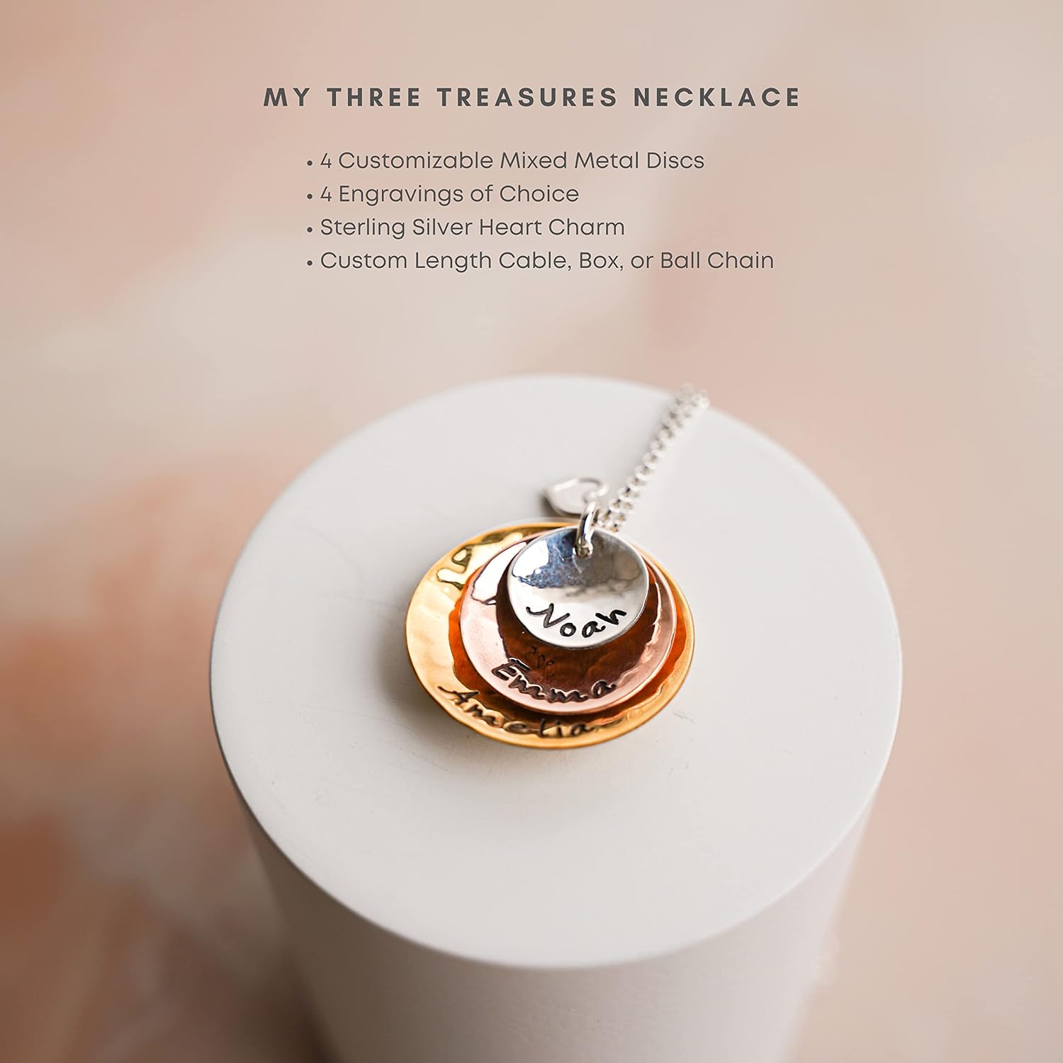 My Three Treasures Personalized Charm Necklace with 925 silver, Gold and Rose Gold Plated discs. Customized with any Words or Names of your choice. Gifts for Her, Mother, Grandmother, Wife - Image 3