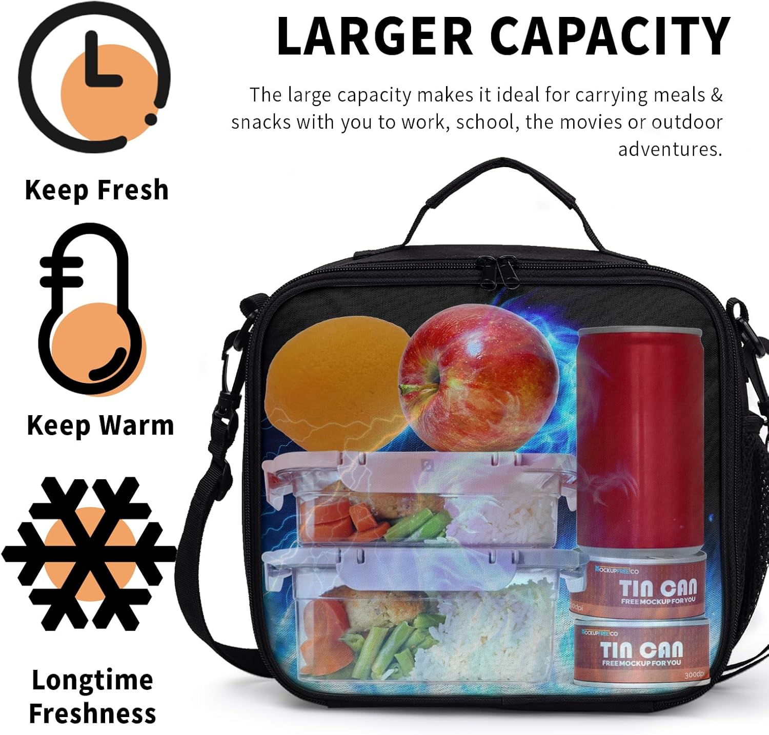 Blue Lightning Pattern Lunch Bag Blue Fire Dragon Lunch Boxes for Women/Man Office Work Travel, School, Work, Picnic, Durable Reusable Insulated Large Lunch Tote Bag with Adjustable Shoulder Strap - Image 4