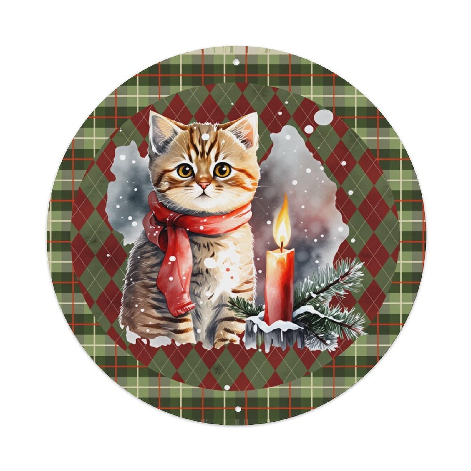 Christmas Cat Candle Snowflake Plaid Round Tin Sign Retro Metal Sign for Cafe Bar Pub Home Game Room Gym Club Wall Decoration Vintage Metal Poster 8x8 Inch