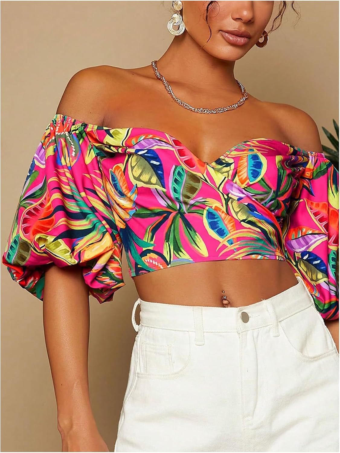 SweatyRocks Women's Off Shoulder Boho Tropical Print Bishop Short Sleeve Crop Blouses Vacation Tops - Image 3