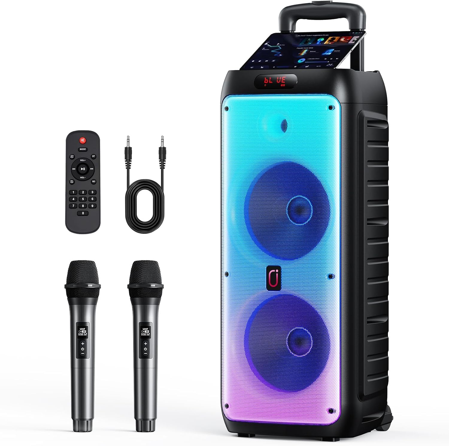 JYX Système Karaoke avec 2 Microphones sans Fil, Enceinte karaoké Professionnelle Portable Bluetooth avec Les lumières LED, idéale pour Les fêtes de Famille et Les Cadeaux, Support USB/TF/AUX/MIC/TWS