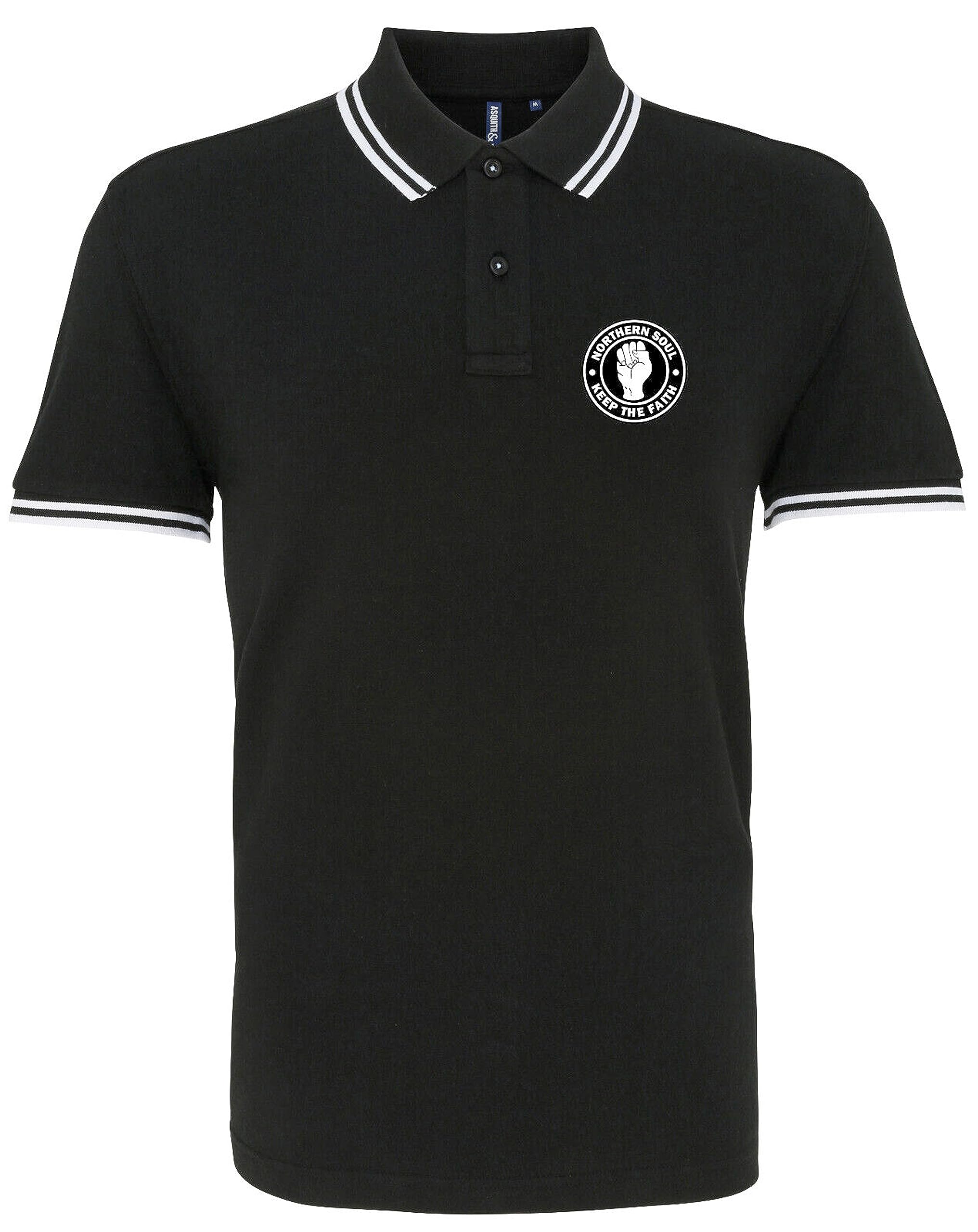 HiViz Kings Northern Soul Keep The Faith Embroidered Tipped Polo Shirt (XL 44", Black & White)