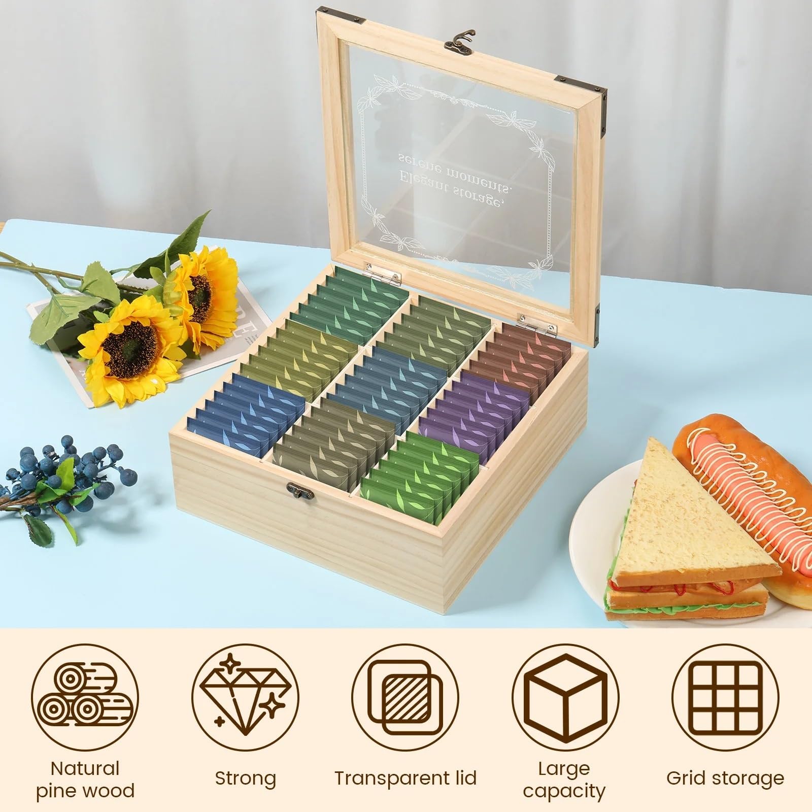 Caja de almacenamiento bolsitas té con tapa transparente | Organizador de café que clasifica los suministros de azúcar de fácil acceso(24x24x9cm)