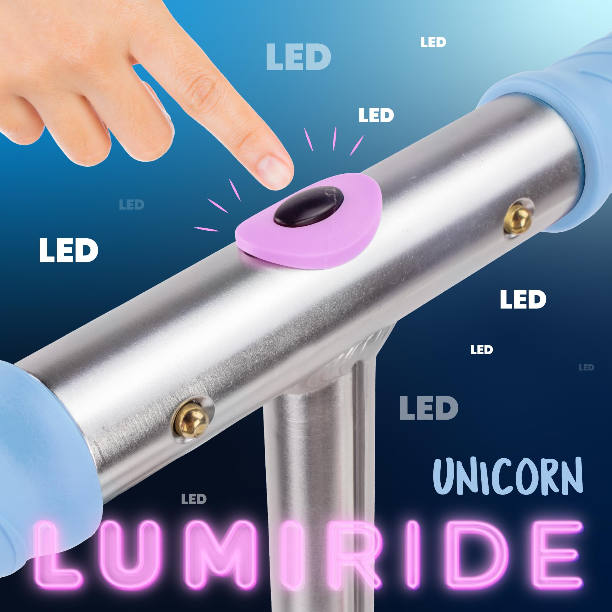 LUMI Ride Patinete Infantil 2 Ruedas LED 3+ | 7 colores, 20 programas, manillar ajustable, freno pie