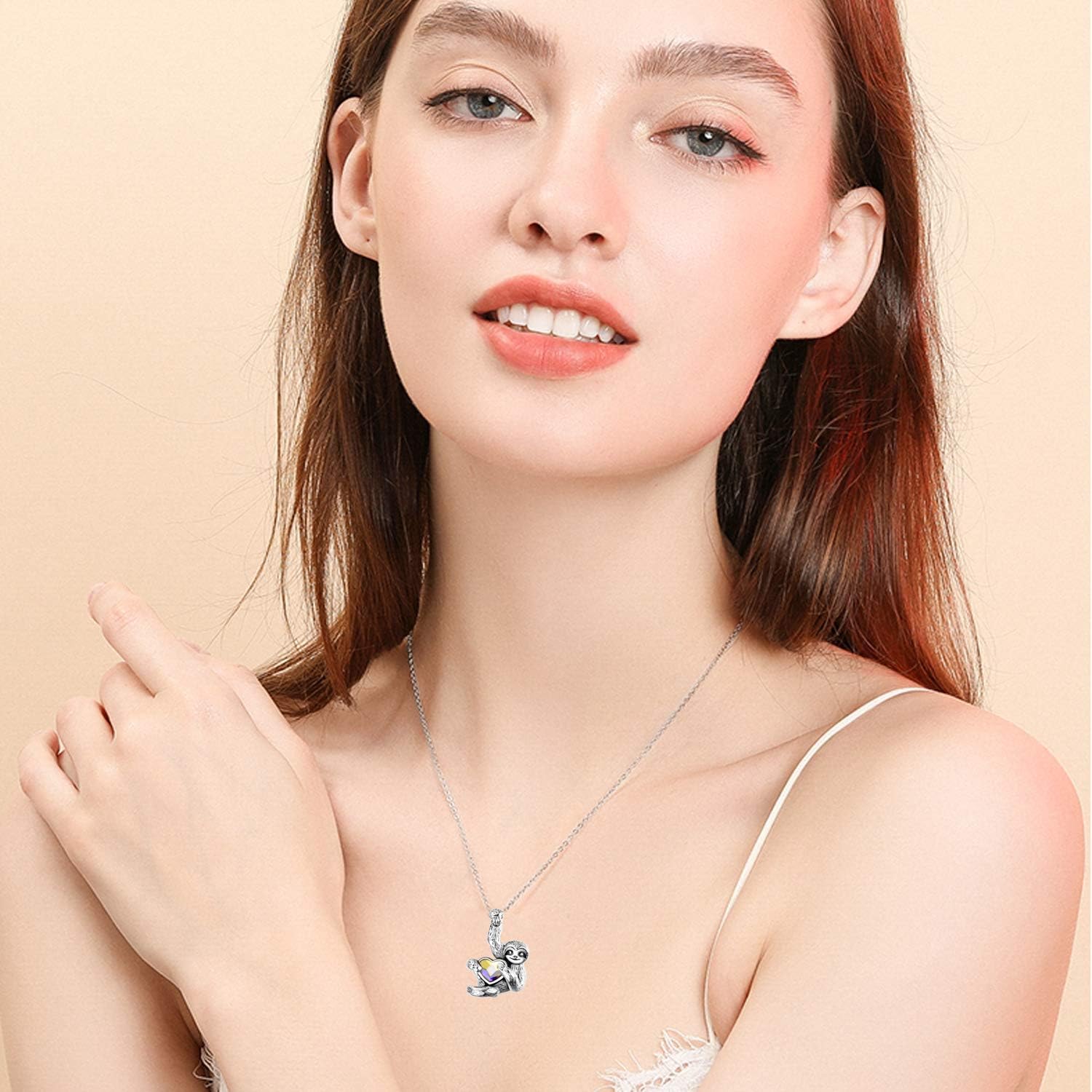YAFEINI Sloth Sterling Silver Necklace - Animal Sloth Jewellery Heart Crystal Pendant for Women & Men, Medium - Image 5