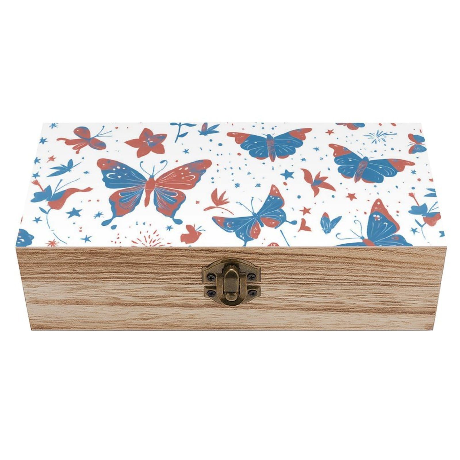Oudrspo Red Blue Butterfly & Star Retro Wooden Storage Box Keepsake Jewelry Decorative Art Storages Box Gift Boxs