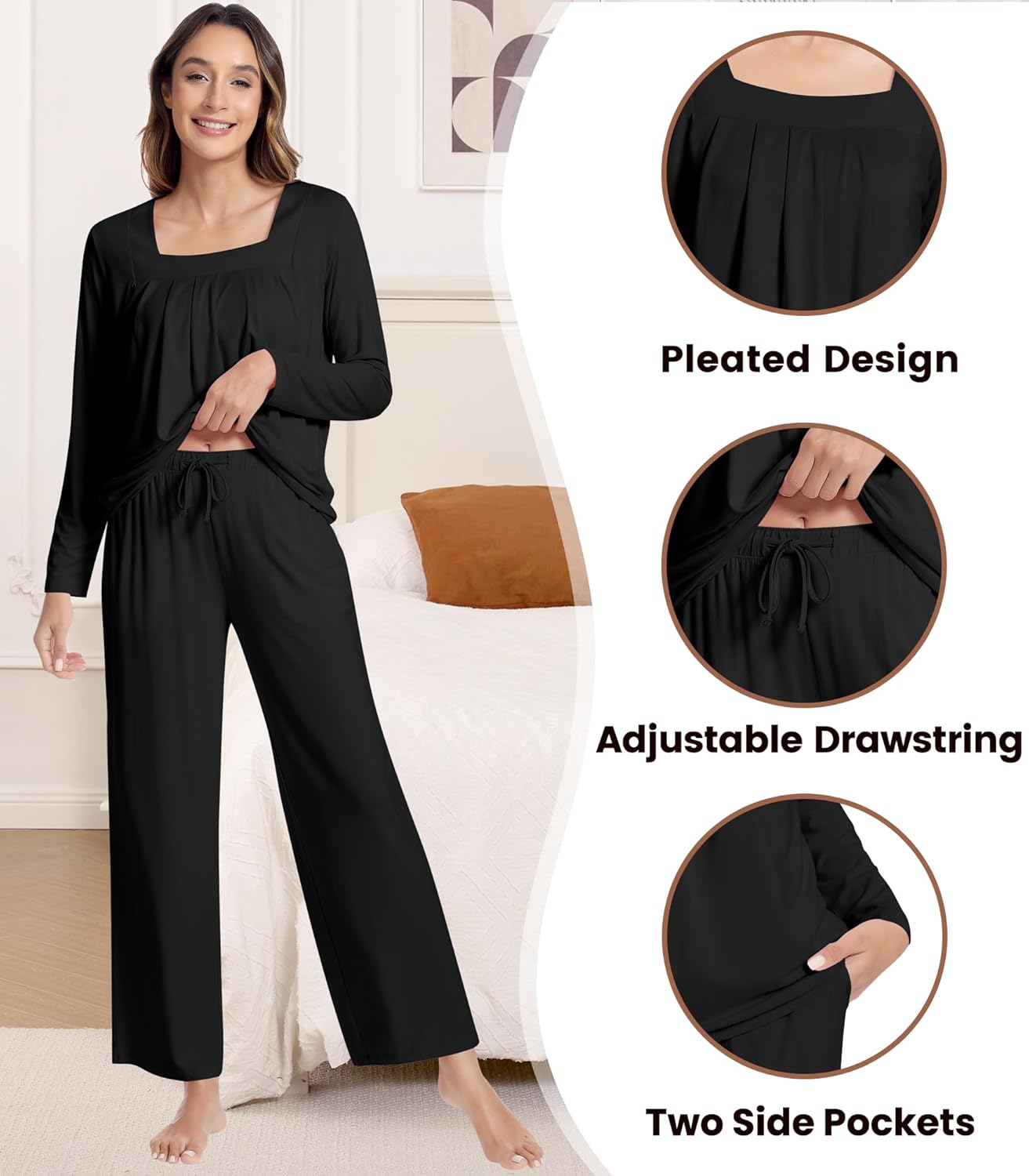 NACHILA Pajamas for Women-Viscose Made from Bamboo,Long Sleeve Pajama Sets Comfy Loungewear Pleated Pjs