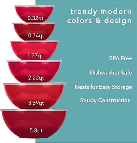 Miniatura 3 de edge Juego de 12 cuencos de plástico para mezclar, 6 cuencos de preparación y 6 tapas, para hornear, cocinar y almacenar, rojo tonal