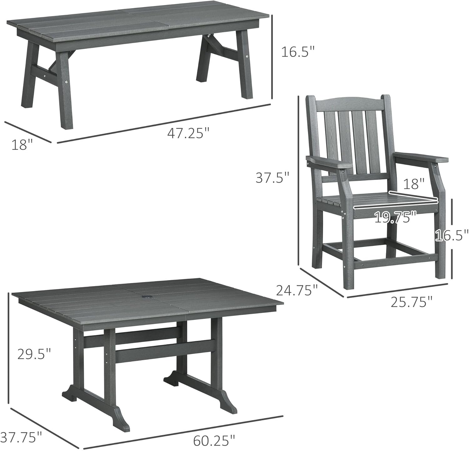 HDPA 6-Piece Patio Set: Rectangular Table, 4 Slatted Chairs, Loveseat Bench, Umbrella Hole, Quick-Dry Cushions, Dark Gray
