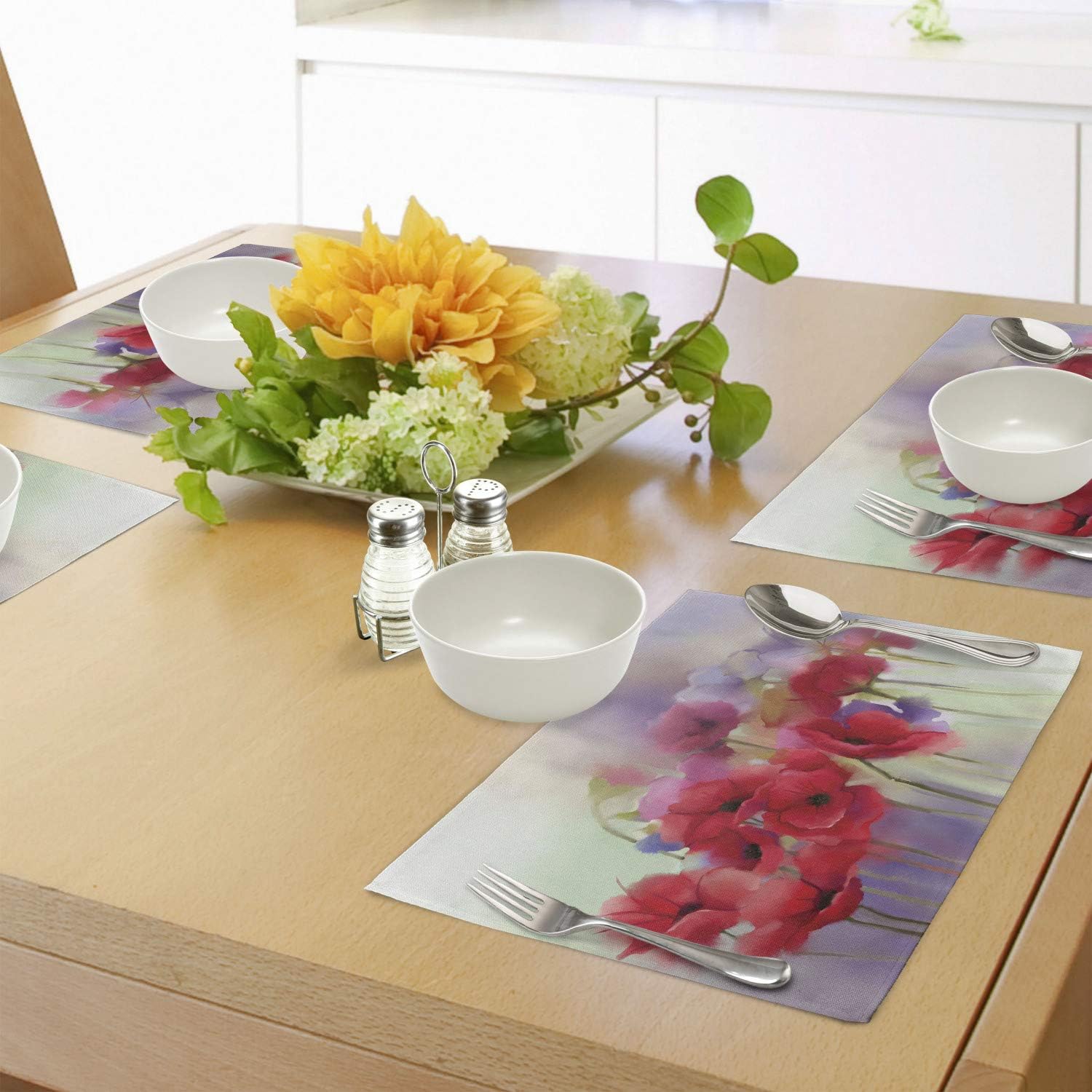 Ambesonne Flower Place Mats Set of 4, Poppy Flowers Blur Spring Floral Seasonal Romantic Illustration Print, Washable Fabric Placemats for Dining Table, Standard Size, Purple Pink