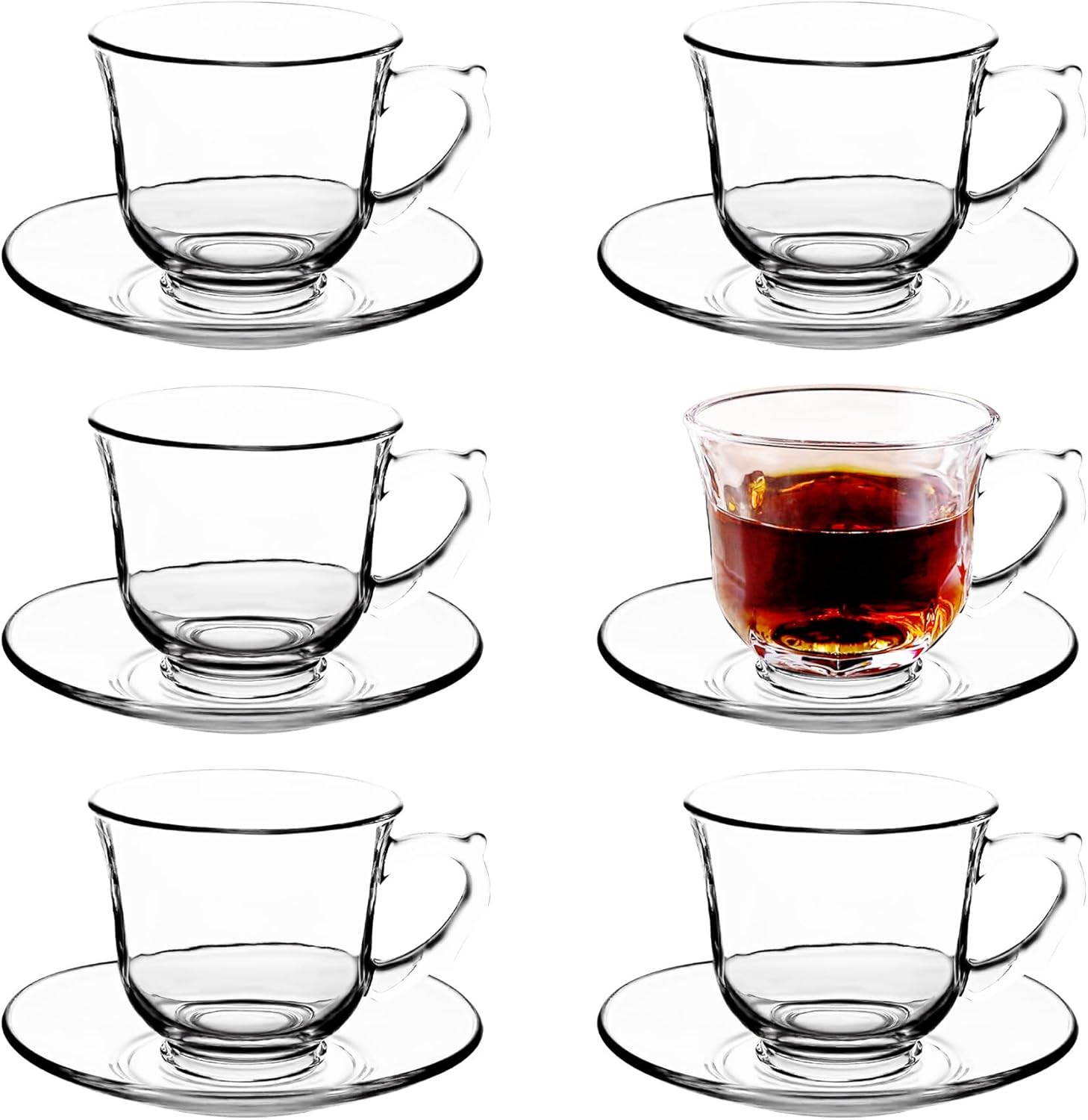 Glass Tea Cups and Saucers Set of 6 - Glass Coffee Mugs -Teacups for Espresso Cappuccino Latte Tea - Dishwasher Microwave Safe (8 OZ /240 ML)