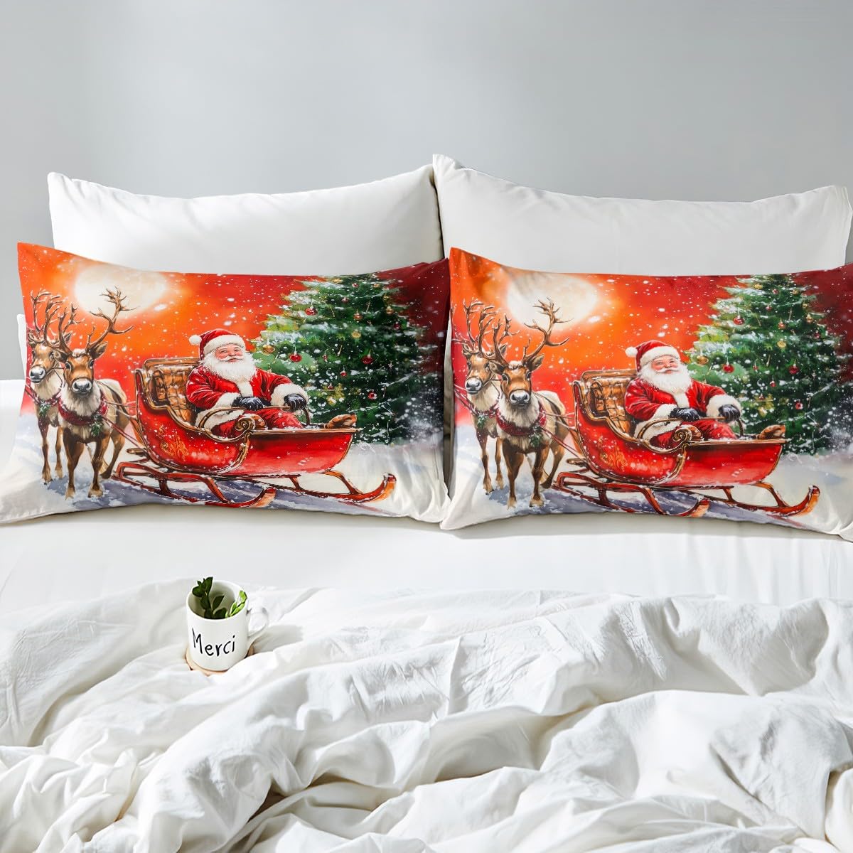 Homewish Świąteczna poszewka na kołdrę w rozmiarze king size, Święty Mikołaj, renifer, łoś, zestaw pościeli, zimowa poszewka na kołdrę z motywem choinki, dla dzieci, chłopców, dziewcząt, dorosłych