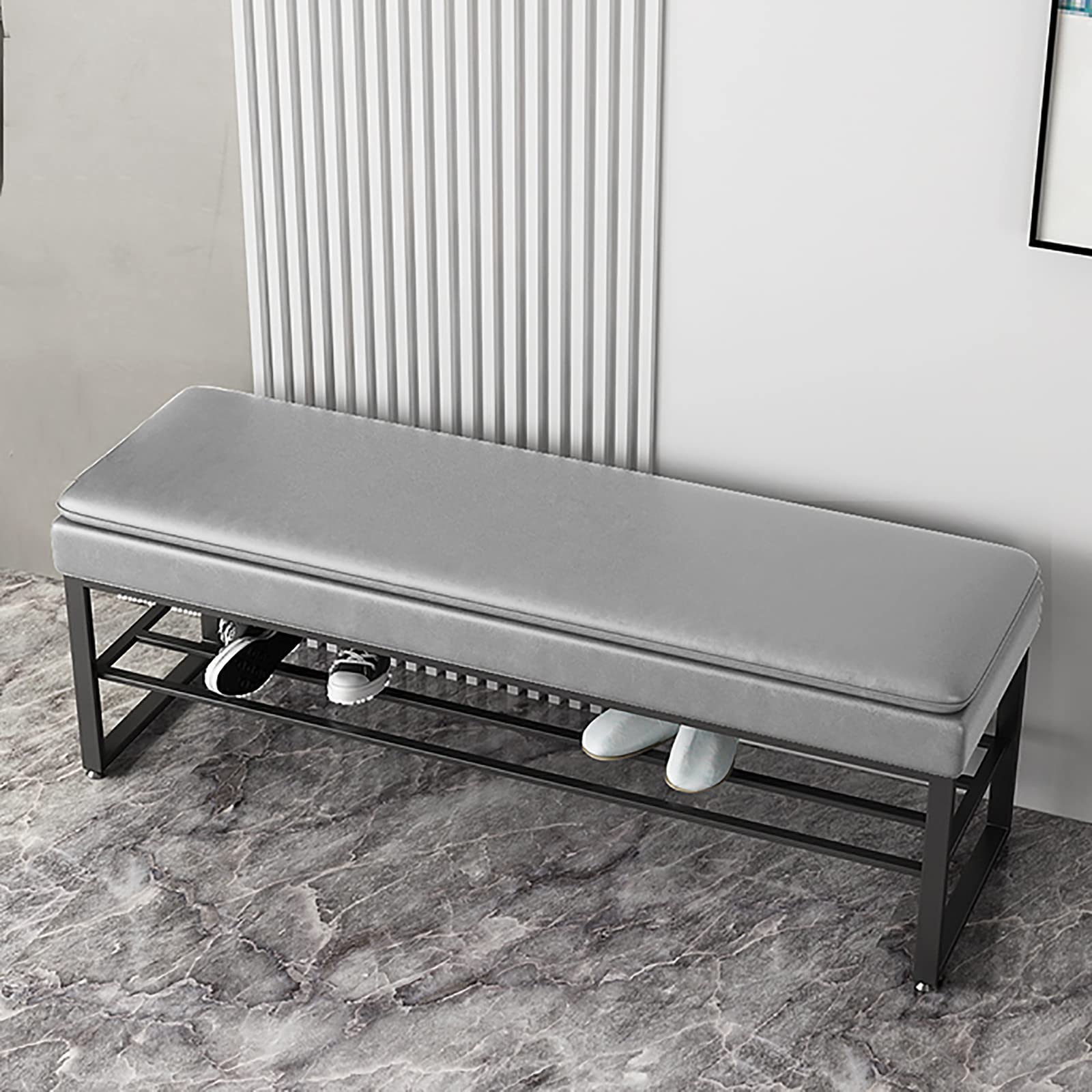 Banc à chaussures à deux couches avec coussin en cuir PU noir F 100x30x45cm