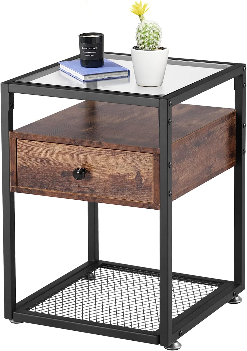 VECELO Nightstand, Tempered Glass End Table, Cabinet with Drawer and Rustic Shelf Decoration in Living Room,Bedroom,Lounge, Green: Home & Kitchen