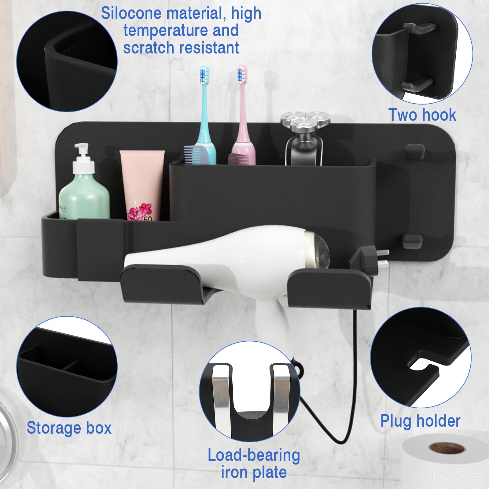 Support Seche Cheveux, Porte Brosse à Dents Mural Porte Seche Cheveux Sans Percage Avec Range-Câbles (Three) - Maison