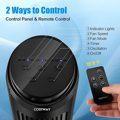 Miniatura 2 de COSTWAY Ventilador de torre con control remoto, ventilador doméstico portátil de 40 pulgadas con oscilación de 80 grados, 4 velocidades, 3 modos,