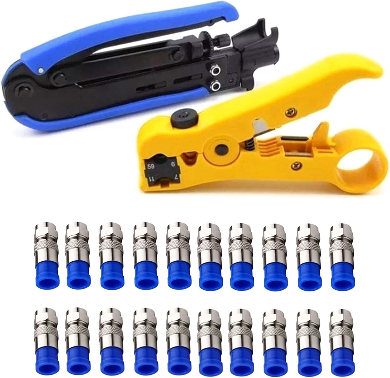 Coax Crimper Tool Kit, Coaxial Compression Tool for rg6 rg59 rg11 with 1 Stripping Tool Cable Wire Stripper, 20pcs F Male rg6 Connectors