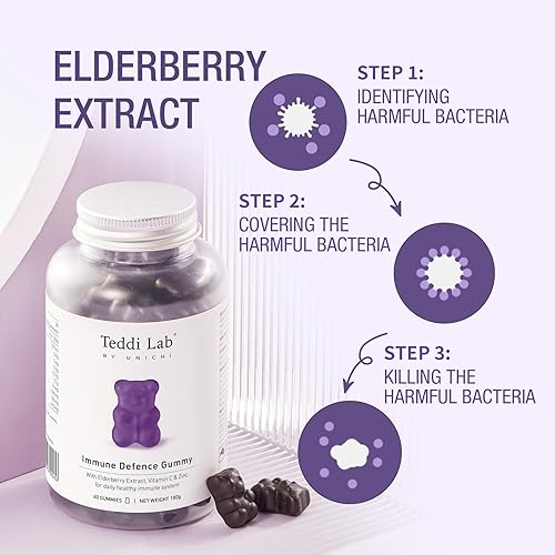 Miniatura 3 de Unichi Gomitas de defensa inmunológica, con extracto de saúco, vitamina C, zinc para promover la salud del sistema inmunológico, defender los