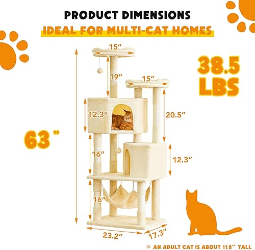 Miniatura 6 de Quuzee Árbol para gatos de interior  Torre grande de 63 pulgadas de varios niveles con 2 condominios para gatos grandes, 2 perchas acolchadas,