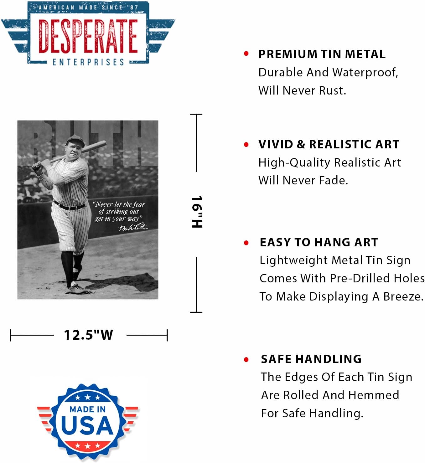 Desperate Enterprises Babe Ruth - No Fear Tin Sign - Nostalgic Vintage Metal Wall Décor - Made in USA image 2