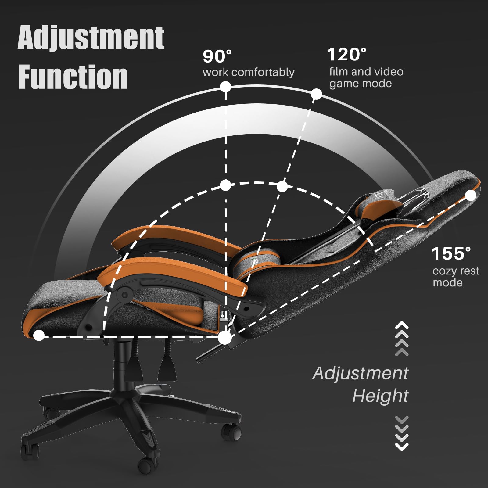 bigzzia Silla Gaming,Silla Ergonómica de Oficina en Cuero PU,Regulable en Altura con Soporte Lumbar y Reposacabezas,Respaldo Reclinable 155°,Silla Gamer Adulto Niño(Verde) (Naranja)