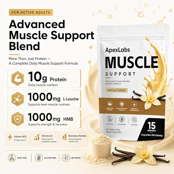 Muscle Support Protein Powder, Vanilla Flavor, High Protein Formula with Whey Protein Hydrolysate, L-Leucine, HMB, B12, Chromium & Rosemary Extract, 8.81 oz 15 Servings