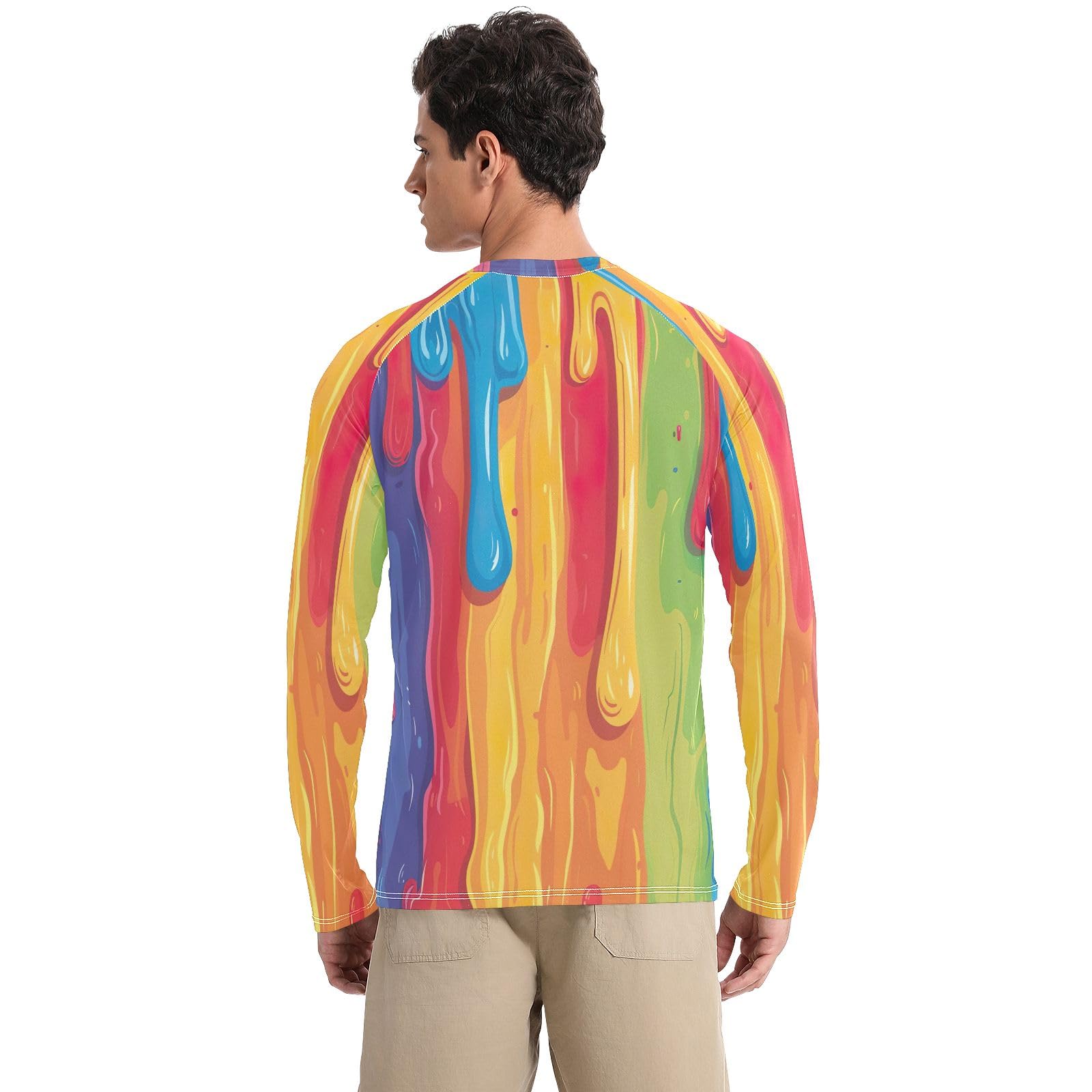 Playful Rainbow Color Sun Shirts UPF 50+ UV Protection Quick Dry Men's Rash Guard Long Sleeve Beach T-Shirts, X-Large
