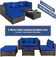 Vista 9 de COSTWAY Juego de muebles de ratán para patio al aire libre, 5 piezas, conversación seccional con cojines azul marino