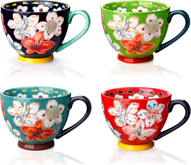 Ceramic Coffee Tea Mug Set of 4, Awanber Four Colors Hand Made Coffee Tea Coffee Cup - Best Birthday Christmas Gifts for Women, Girls - Mother's Day Gifts for Mom, Wife - Red/Green/Blue/Lake Blue