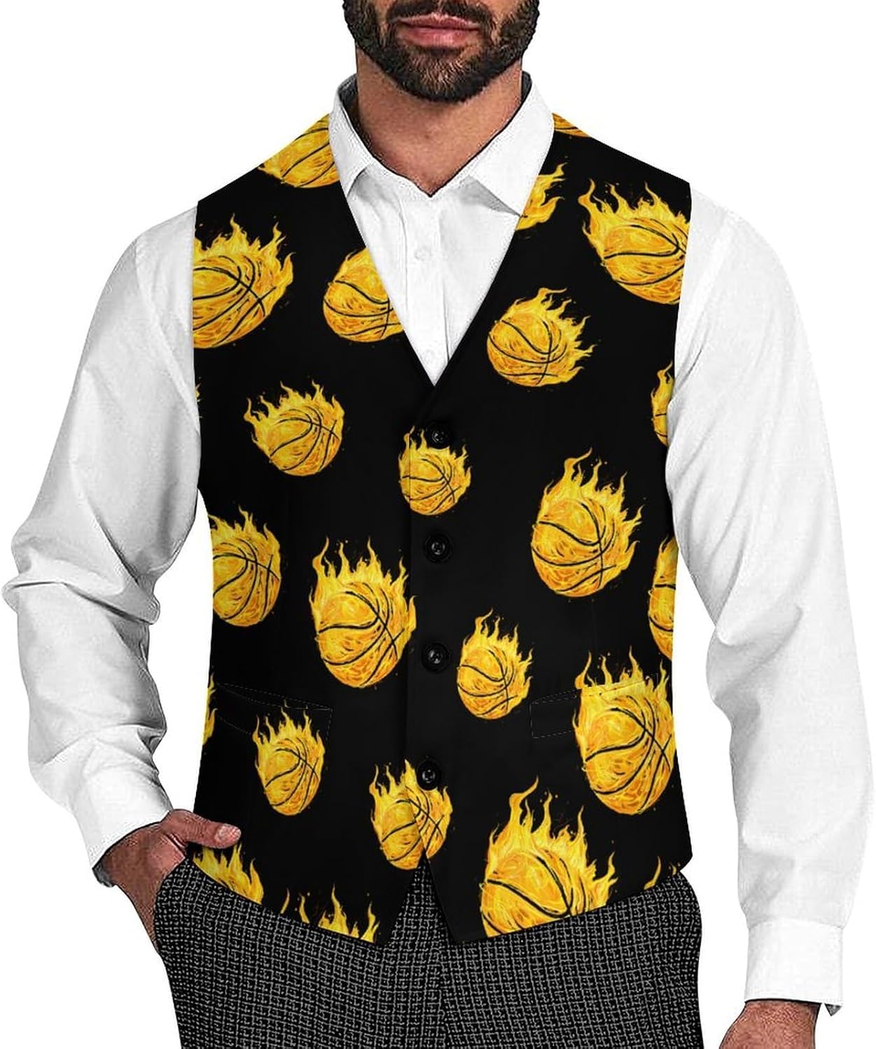 Fire Basketball Ball Flaming Novelty Men's Suit Vest Casual Formal Dress Vests Business Waistcoat