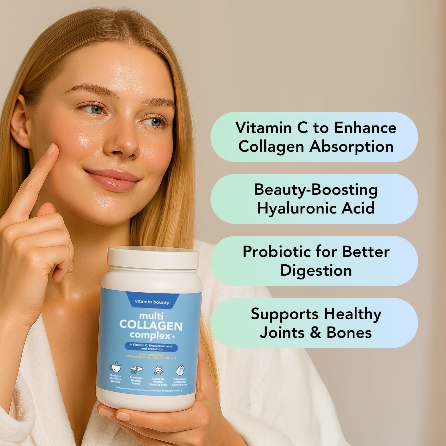 Vitamin Bounty Multi Collagen Peptides Powder for Men & Women (Complex Plus) - 5 Types Hydrolyzed Collagen Protein - Probiotics, Vitamin C & Hyaluronic Acid - Grass Fed Bovine Supplements, 28 Servings