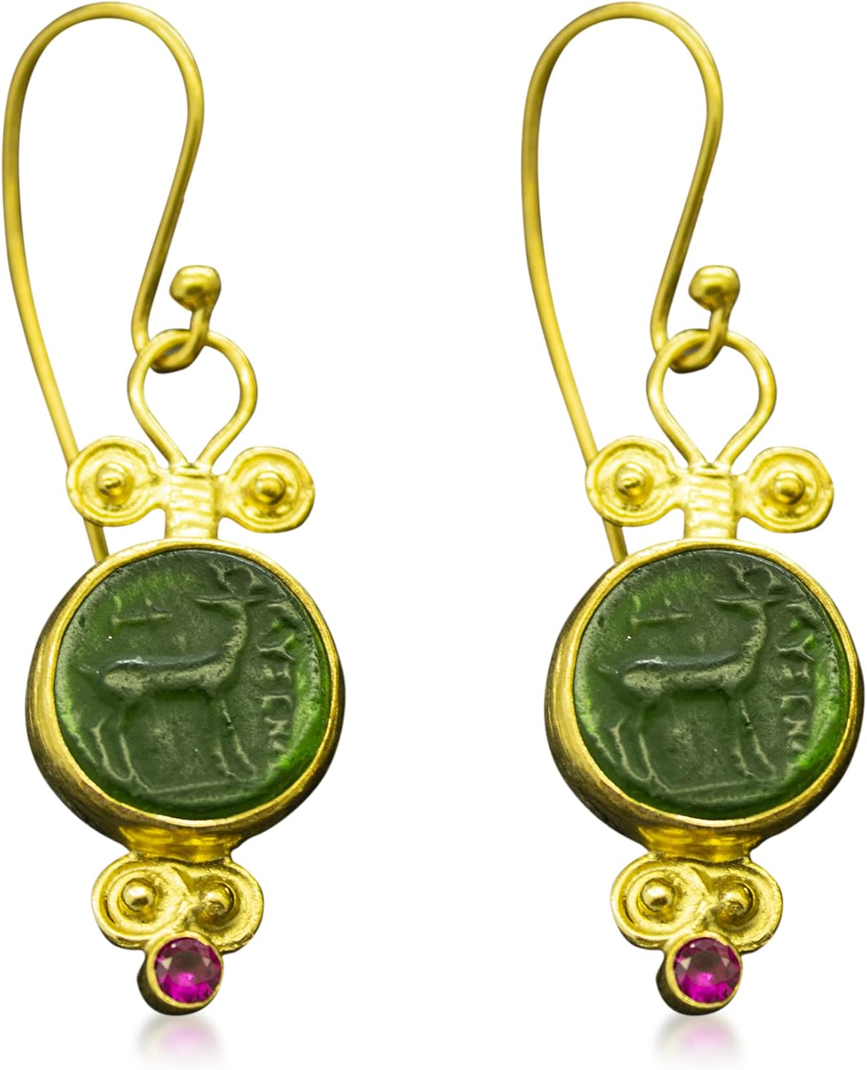 Artemis Ancient Deer Intaglio Green Glass Earrings | 925 Sterling Silver | Historical Greek Deer | Dainty Medallion Jewelry by Pellada