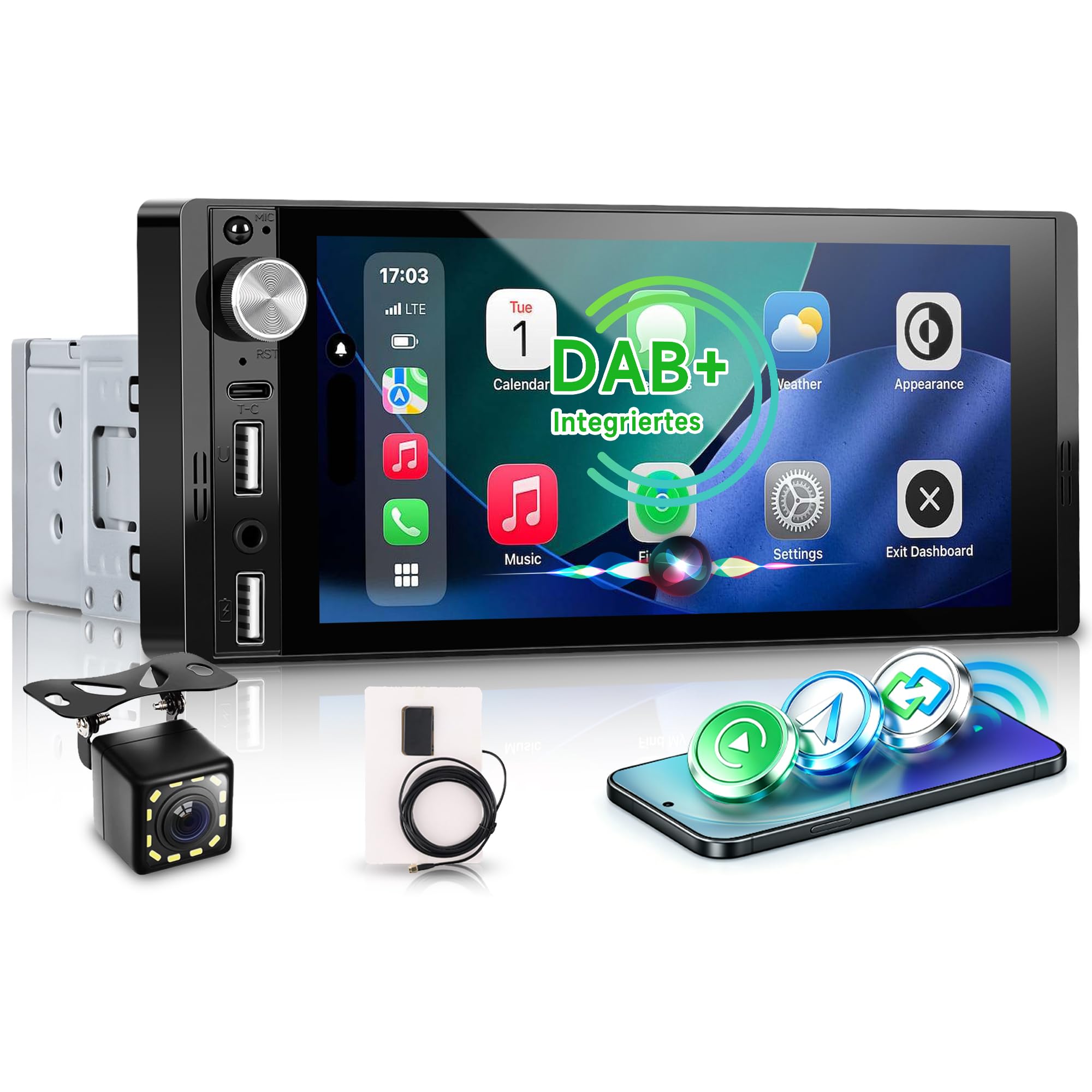 DAB+ Autoradio 1 Din Carplay Android Auto Wireless Bluetooth, 6.9'' IPS Touchscreen Stereo con Mirror Link Vivavoce Bluetooth DAB+ Radio Digitale FM Tipo-C USB EQ Controllo del Volante Retrocamera