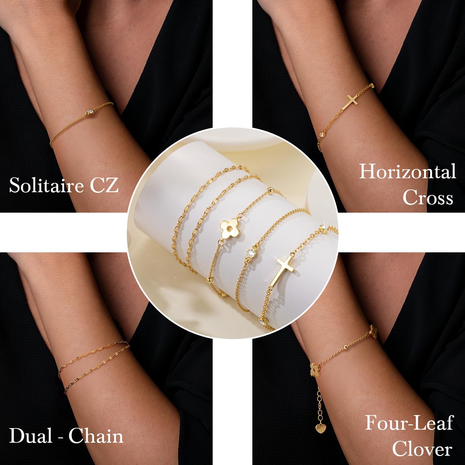 14K Gold Bracelets for Women Thin Gold Bracelets for Women Link Bracelet Simple Style with Solitaire Cubic Zirconia O-Chain Thin Chain Bracelet for Womens Adjustable Size (7-8.6) in - Image 7