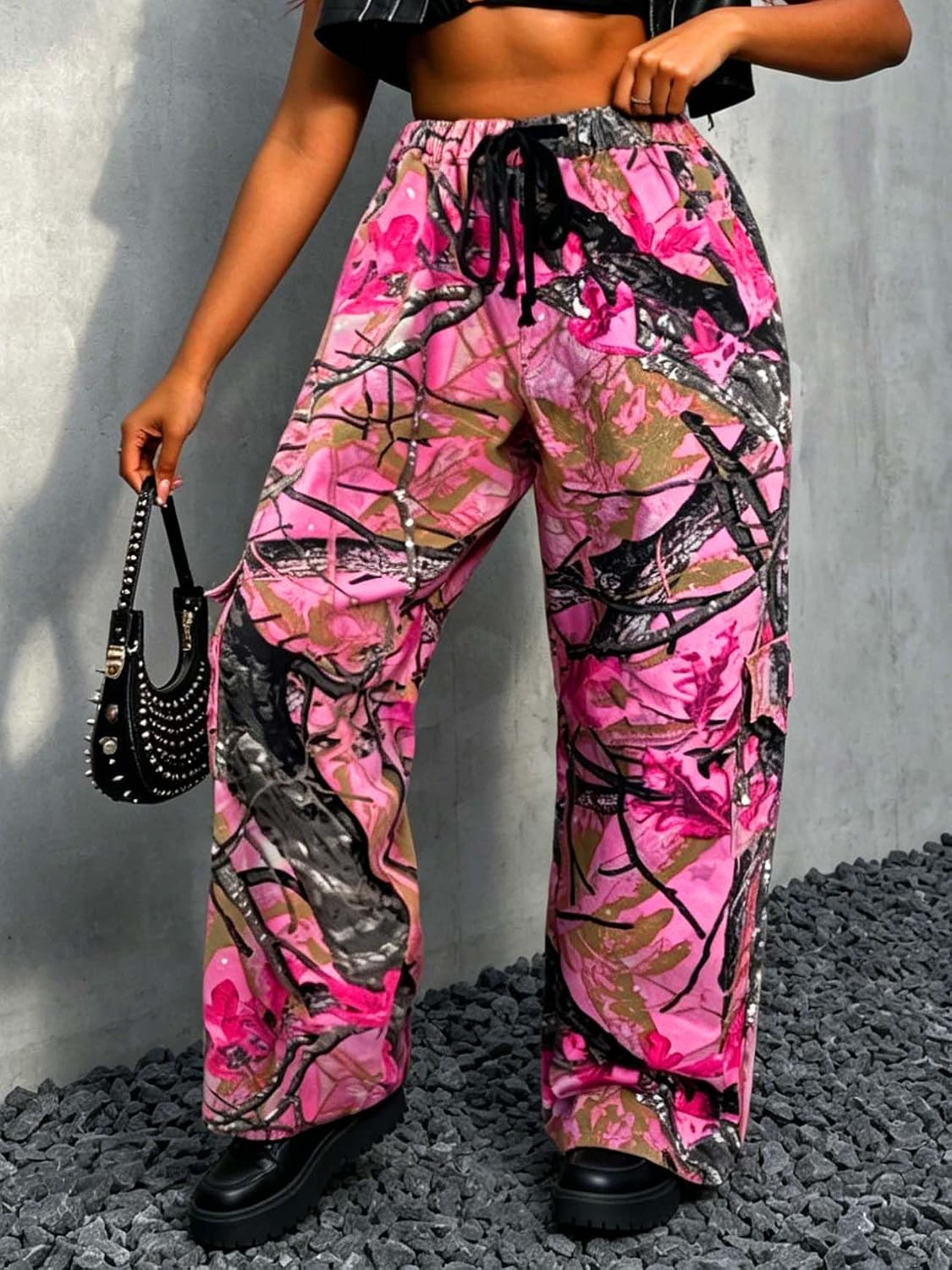 Women's Plus Size Camouflage Cargo Pants Straight Baggy Stretchy Camo Pants Wide Leg Trousers Jeans with 6 Pockets