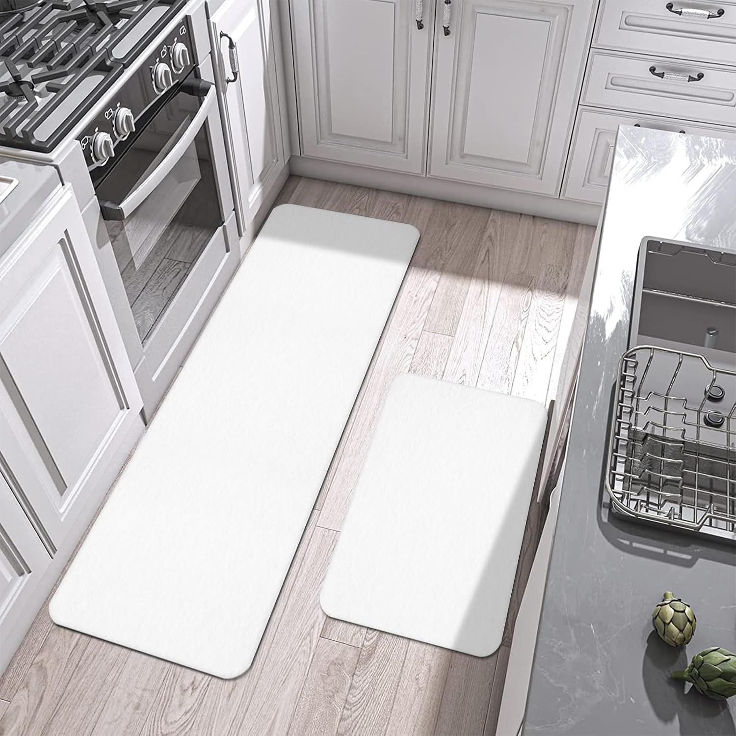 Pure White Kitchen Rug and Mat,Washable Floor Mats Standing Cushioned Set of 2,Minimalist Solid Color Slip-Proof Doormat Runner Rugs for Indoor Bathroom Laundry Sink