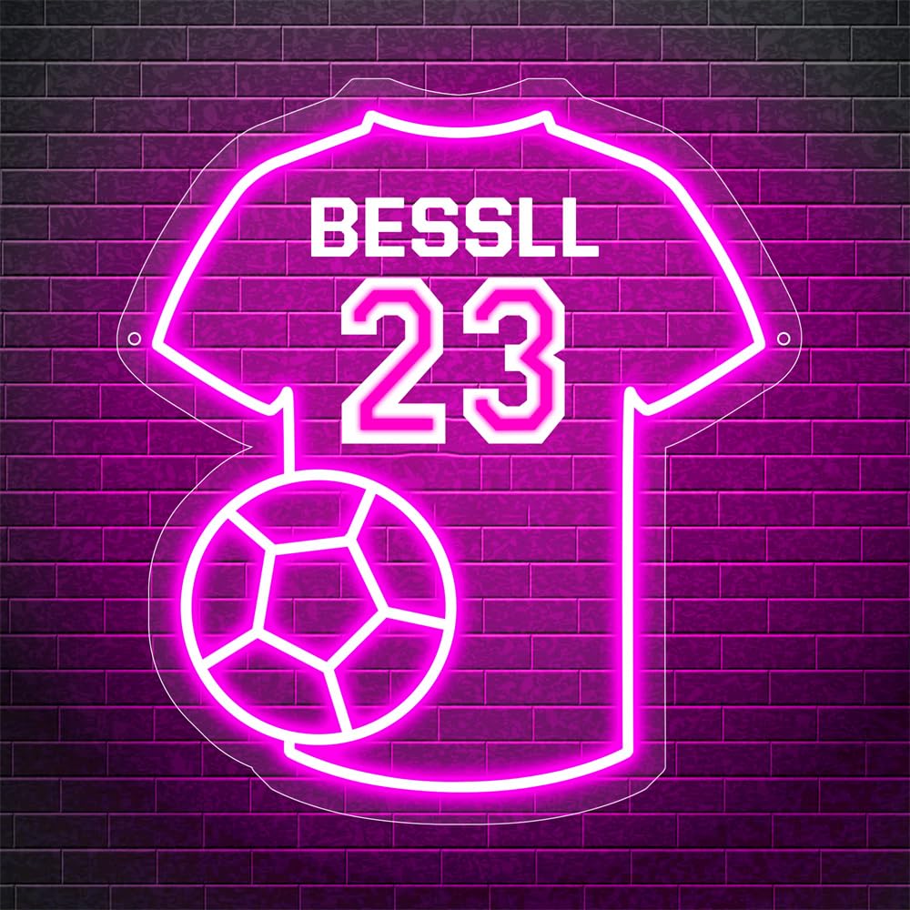 MYZQIFF Panneau Néon Personnalisé En Miroir Avec Maillot De Football, Nom Personnalisé Au Néon Ballon De Football, Lumière Néon De Nuit Pour Chambre à Coucher, Fête D'anniversaire, Décoration Pour La